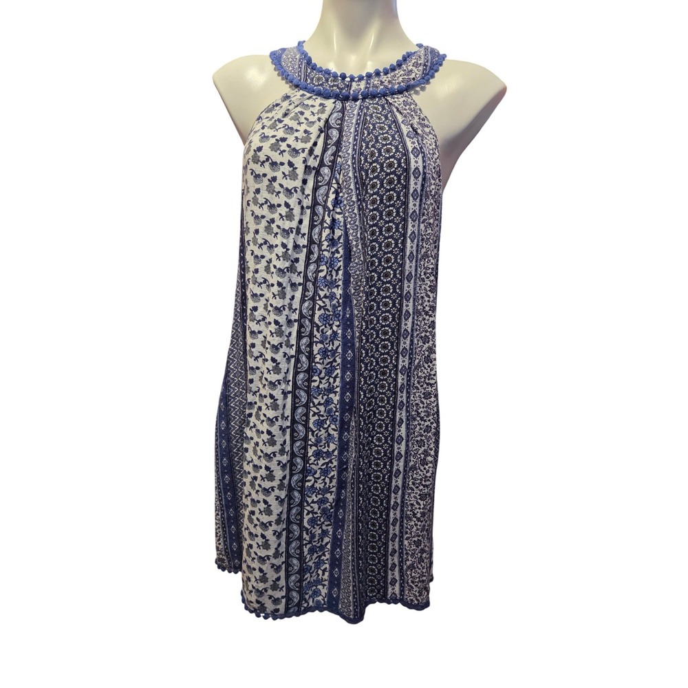 Attard State Blue White Boho Patchwork‎ Halter Dress Pom Pom Trim Size M